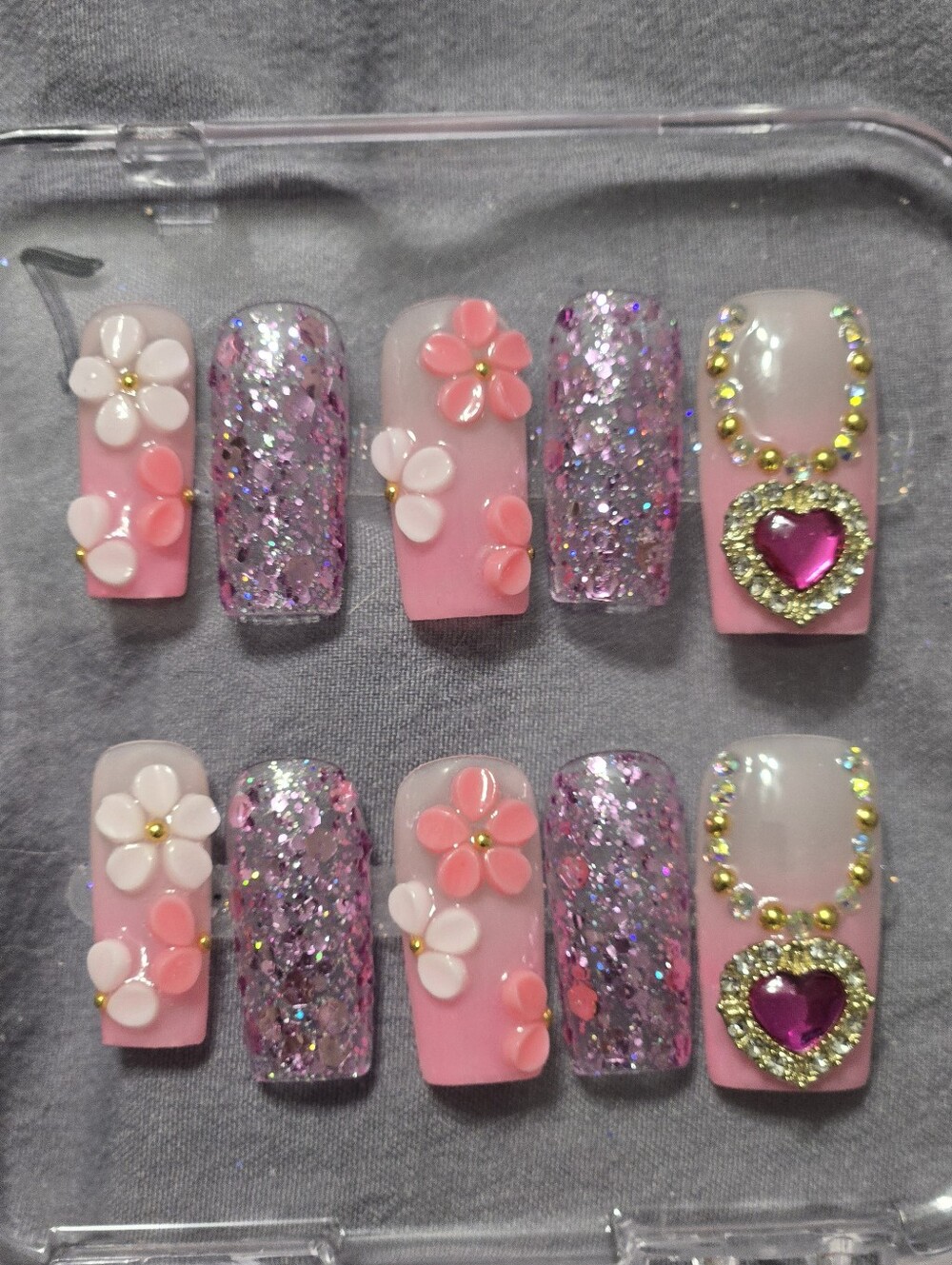 Pink Glitter Floral Press-On Nails with Heart Charm, Medium Length Square Shape